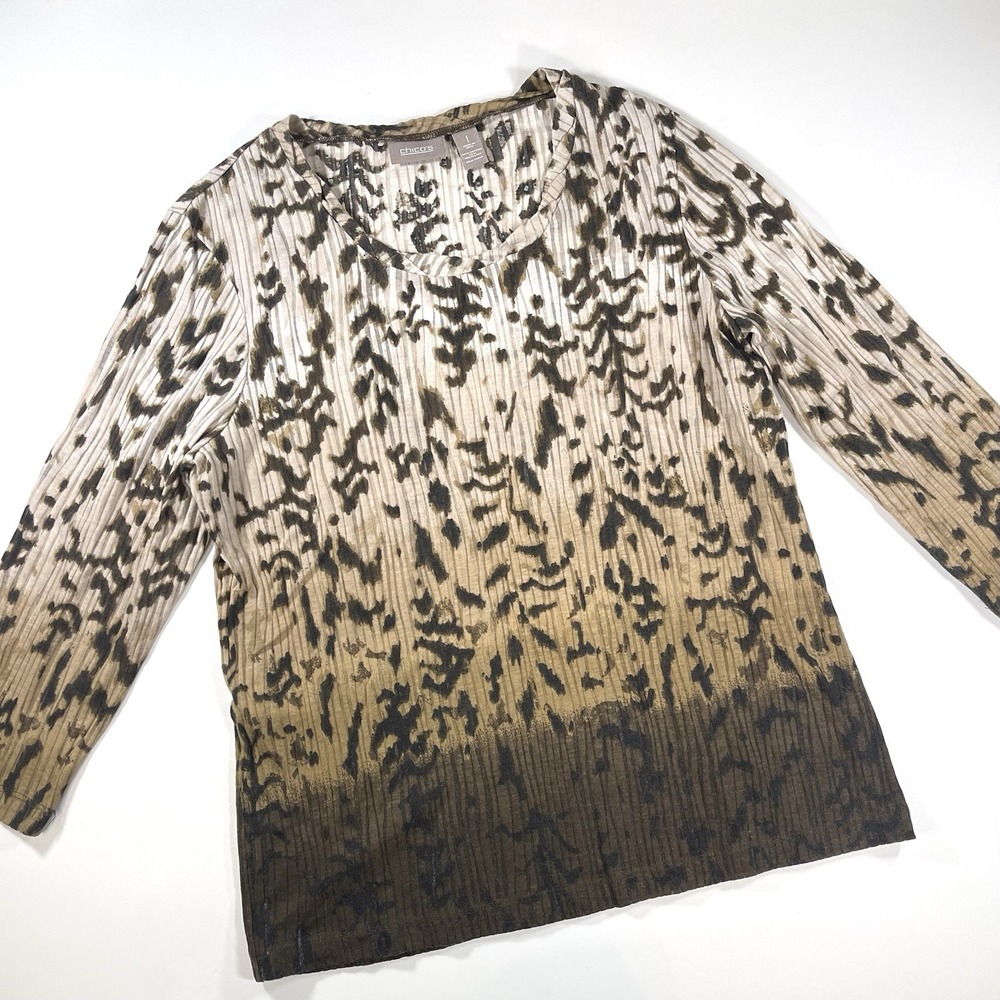 Chicos 3/4 Length Sleeve Ribbed Top Beige Browns Floral‎ Pattern Size 1